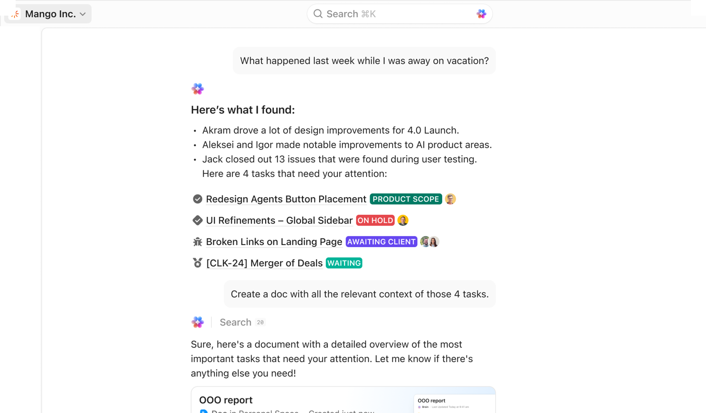 ClickUp Brain answering what happened last week from workspace context and creating a doc