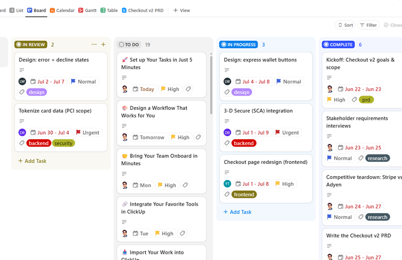 Checkout v2 project board in ClickUp showing tasks grouped by status with assignees and phases