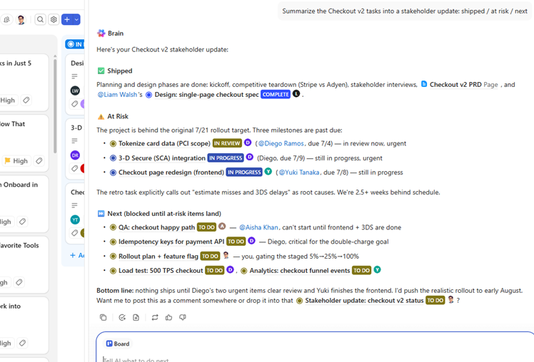 ClickUp Brain summarizing a project epic into a stakeholder update