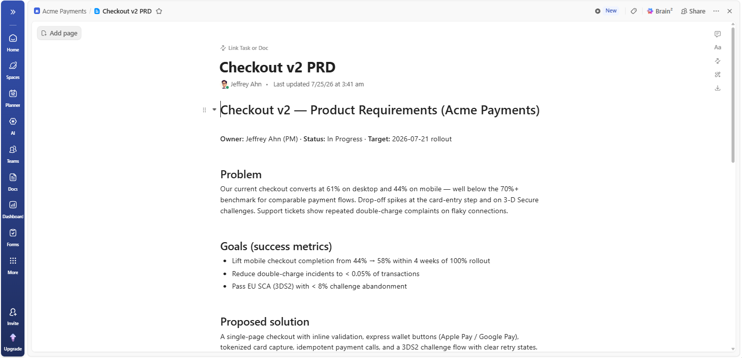 How to Write & Manage a ClickUp PRD in Docs (2026) A Checkout v2 PRD written in ClickUp Docs with headings for problem, goals, and proposed solution