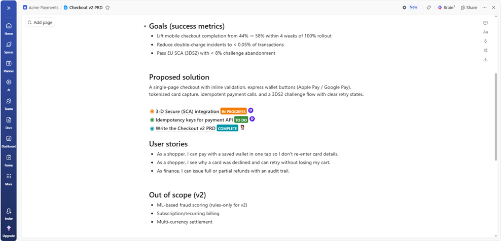 How to Write & Manage a ClickUp PRD in Docs (2026) Inline ClickUp task mentions under a PRD requirement showing live status badges like In Progress and To Do