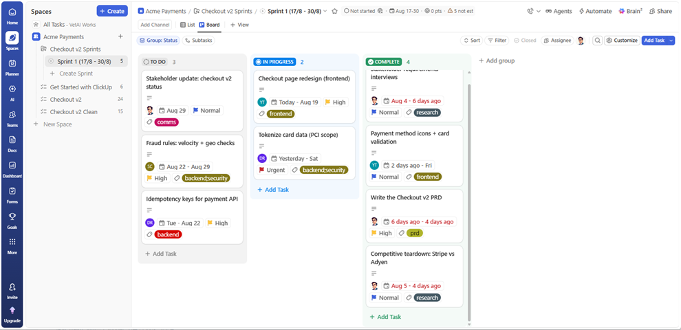 How to Run ClickUp Sprints: A PM's Setup (2026) A ClickUp sprint board grouped by status with assignees, priorities, and due dates on each task